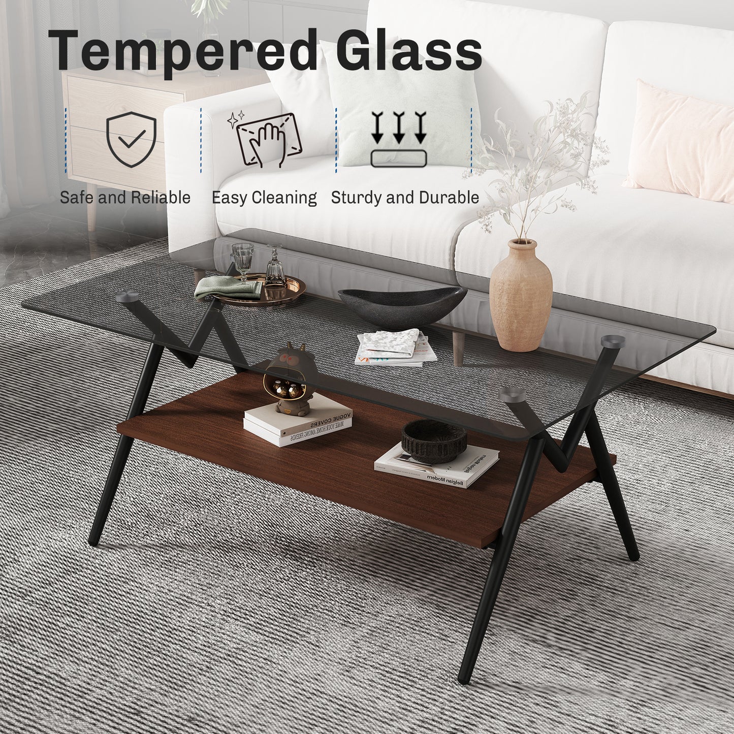 Rechteckiger Couchtisch mit Platte aus gehärtetem Glas und braunem MDF-Regal, moderner Tisch fürs Wohnzimmer, graues Glas