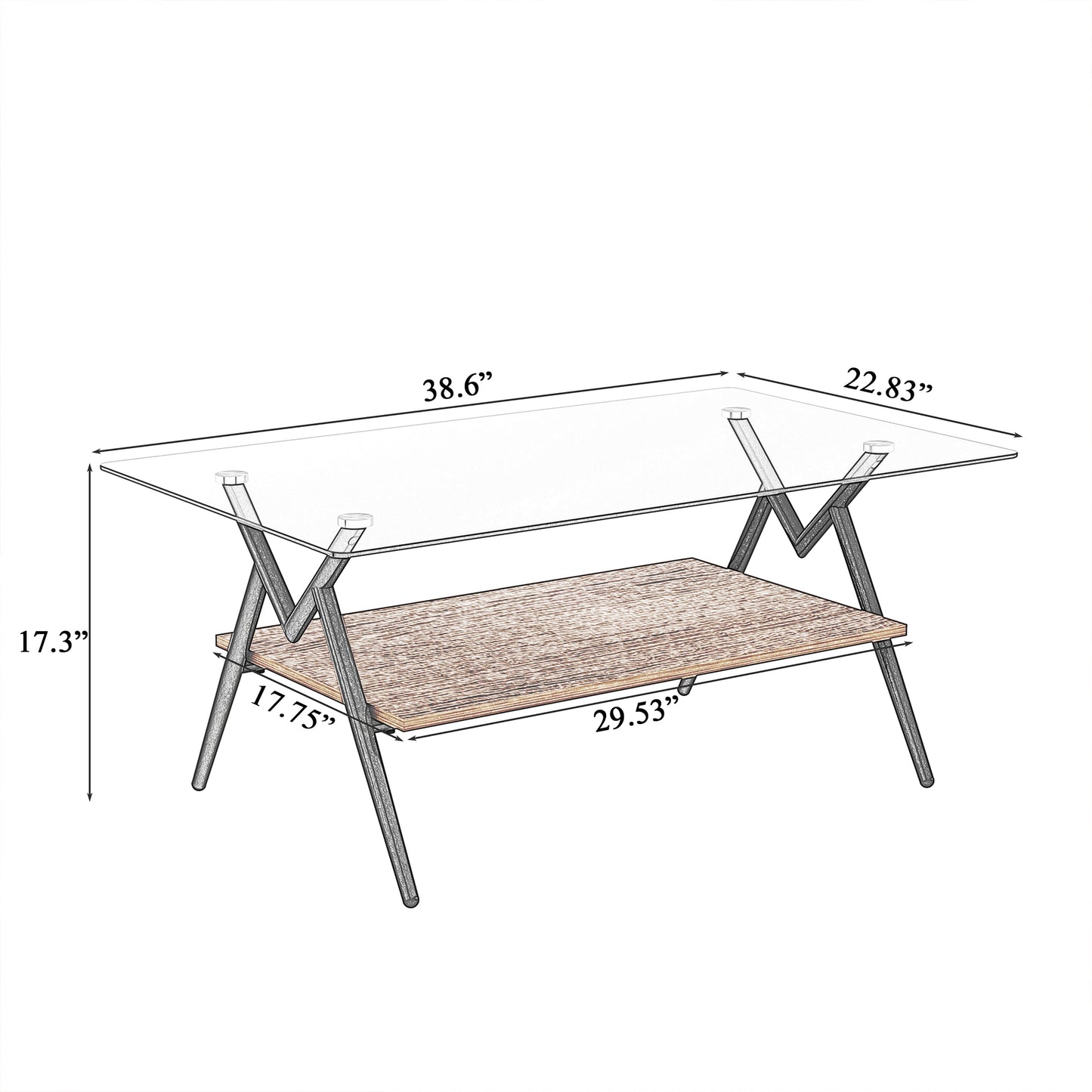 Rechteckiger Couchtisch mit Platte aus gehärtetem Glas und braunem MDF-Regal, moderner Tisch fürs Wohnzimmer, graues Glas