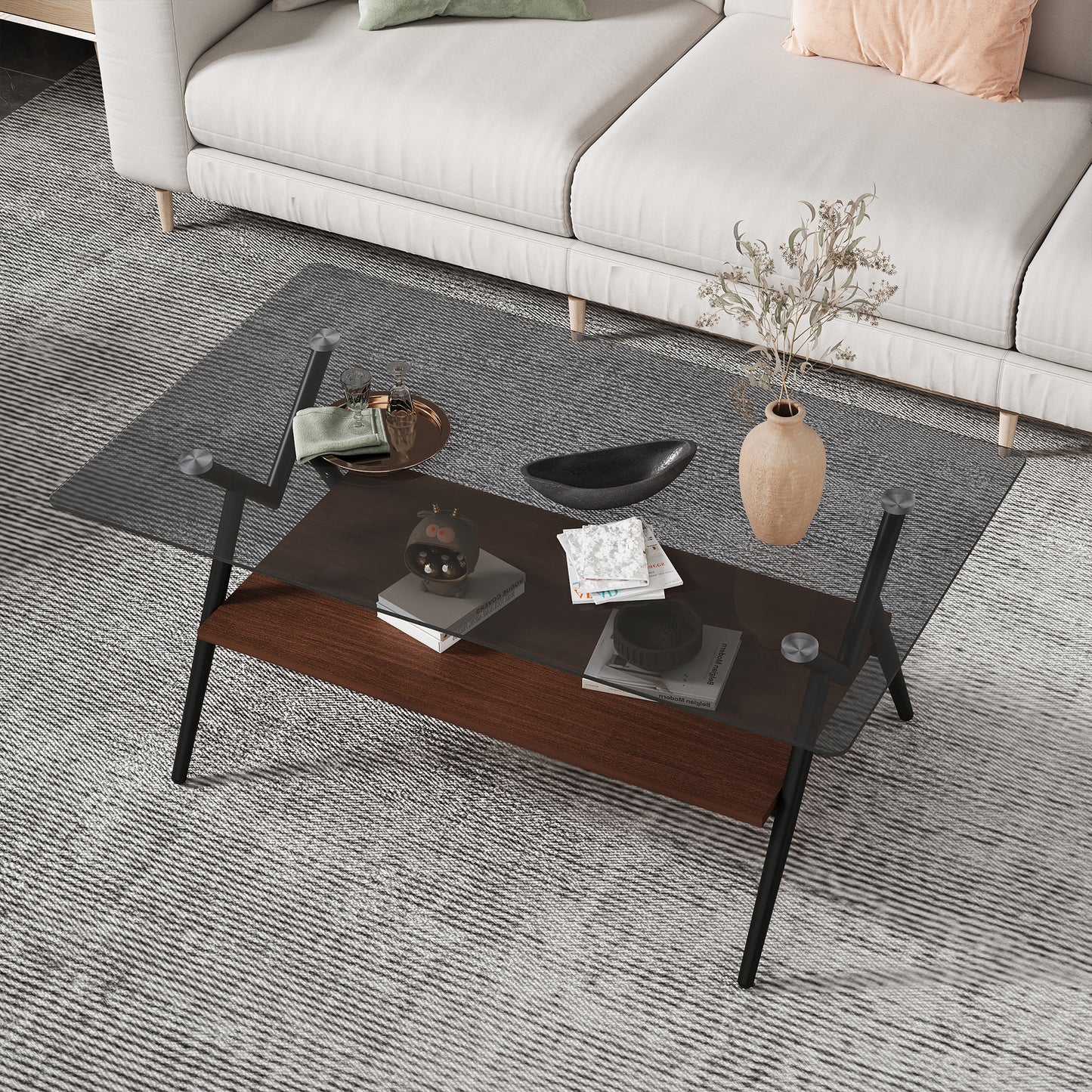 Rechteckiger Couchtisch mit Platte aus gehärtetem Glas und braunem MDF-Regal, moderner Tisch fürs Wohnzimmer, graues Glas