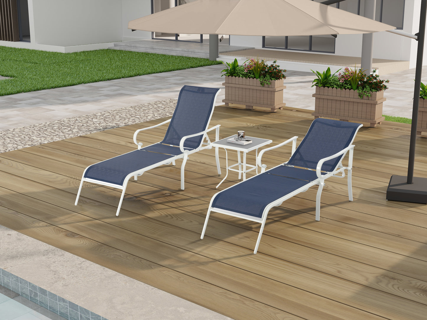 3-teiliges Terrassen-Loungesessel-Set, Outdoor-Loungesessel mit 5 verstellbaren Rückenlehnen, stabiler Stahlrahmen, weiß blau