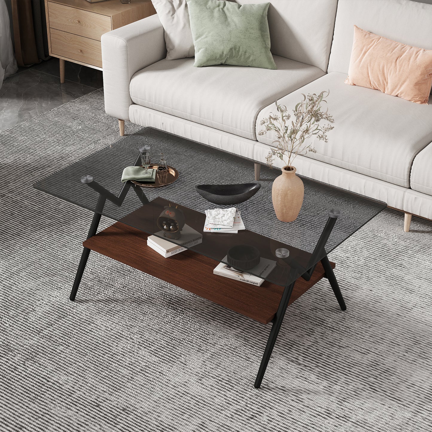 Rechteckiger Couchtisch mit Platte aus gehärtetem Glas und braunem MDF-Regal, moderner Tisch fürs Wohnzimmer, graues Glas