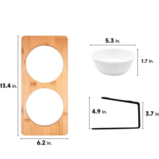 Small Dog Water And Food Feeder - Tilted Ceramic Bowl Set With Bamboo Stand