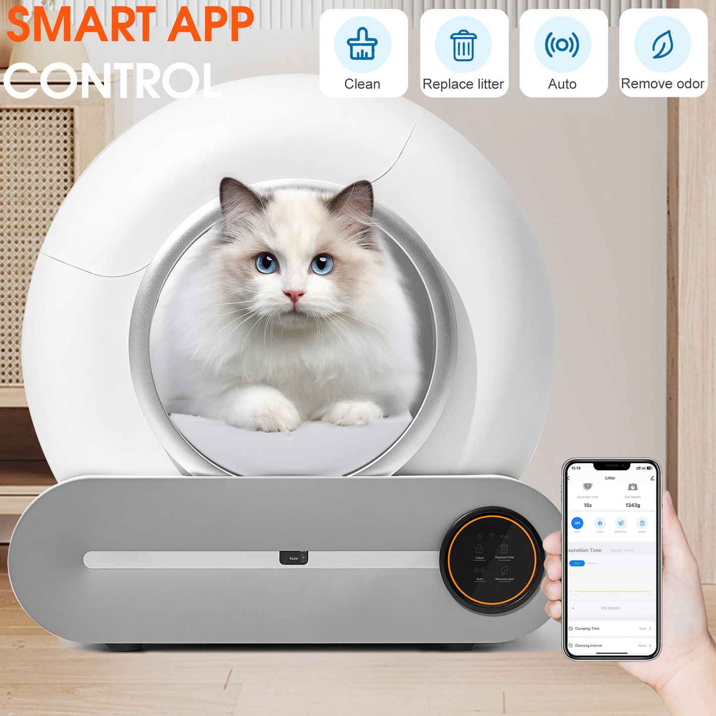 Automatische Reinigung, beseitigt Gerüche, unterstützt WiFi-Anwendungssteuerung, intelligente automatische Katzentoilette mit Polsterung