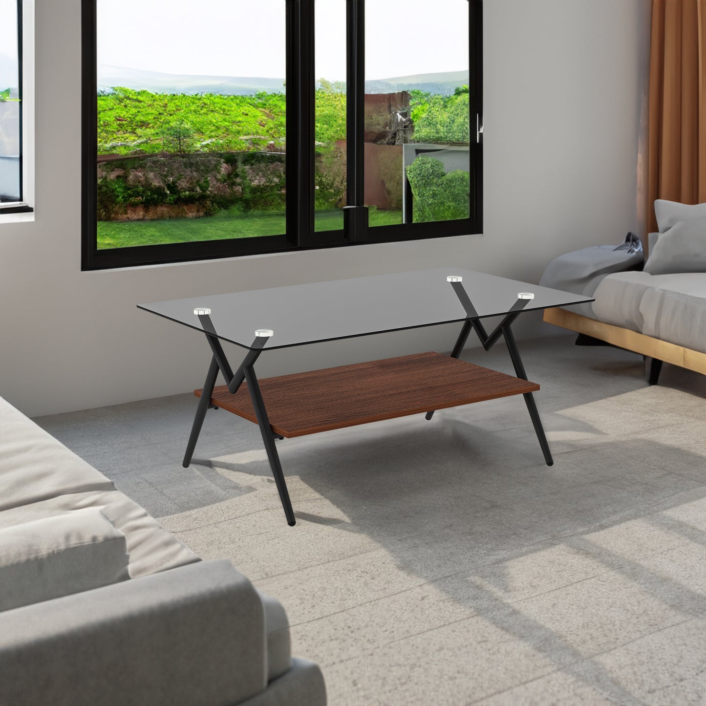 Rechteckiger Couchtisch mit Platte aus gehärtetem Glas und braunem MDF-Regal, moderner Tisch fürs Wohnzimmer, graues Glas
