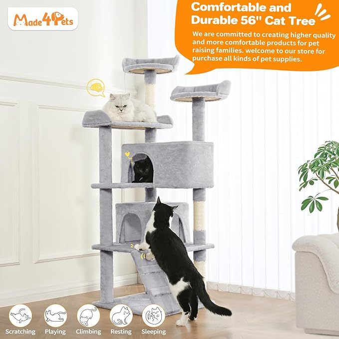 Made4Pets 56-Zoll-Haustier-Kratzbaum für Hauskatzen, mehrstöckiger Kratzbaum mit 2 Wohnungen, Katzen-Aktivitätszentrum mit Kratzbäumen und Spielzeug, Hellgrau
