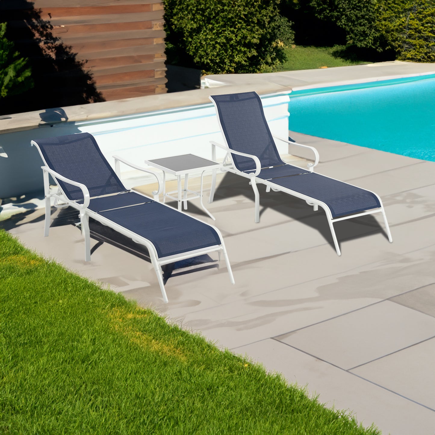 3-teiliges Terrassen-Loungesessel-Set, Outdoor-Loungesessel mit 5 verstellbaren Rückenlehnen, stabiler Stahlrahmen, weiß blau