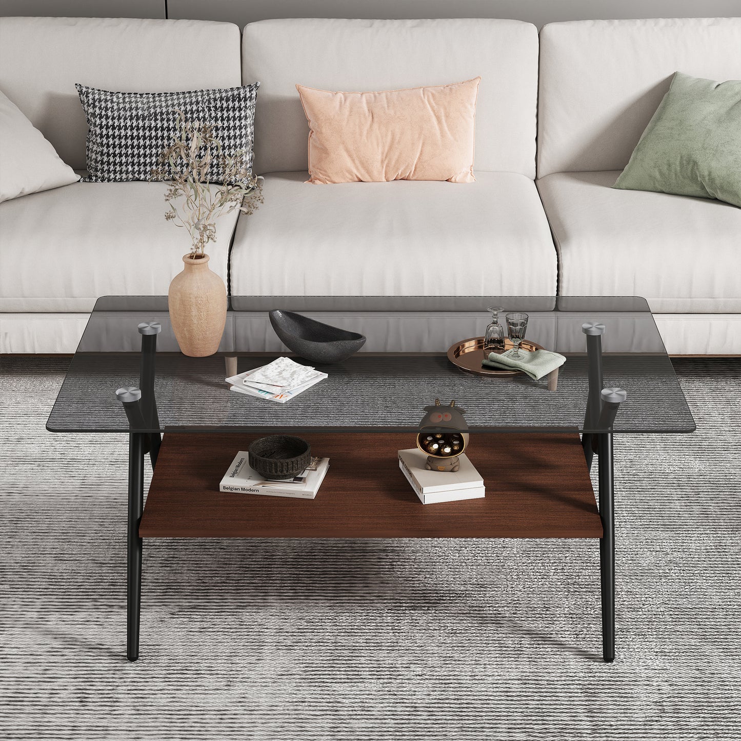 Rechteckiger Couchtisch mit Platte aus gehärtetem Glas und braunem MDF-Regal, moderner Tisch fürs Wohnzimmer, graues Glas