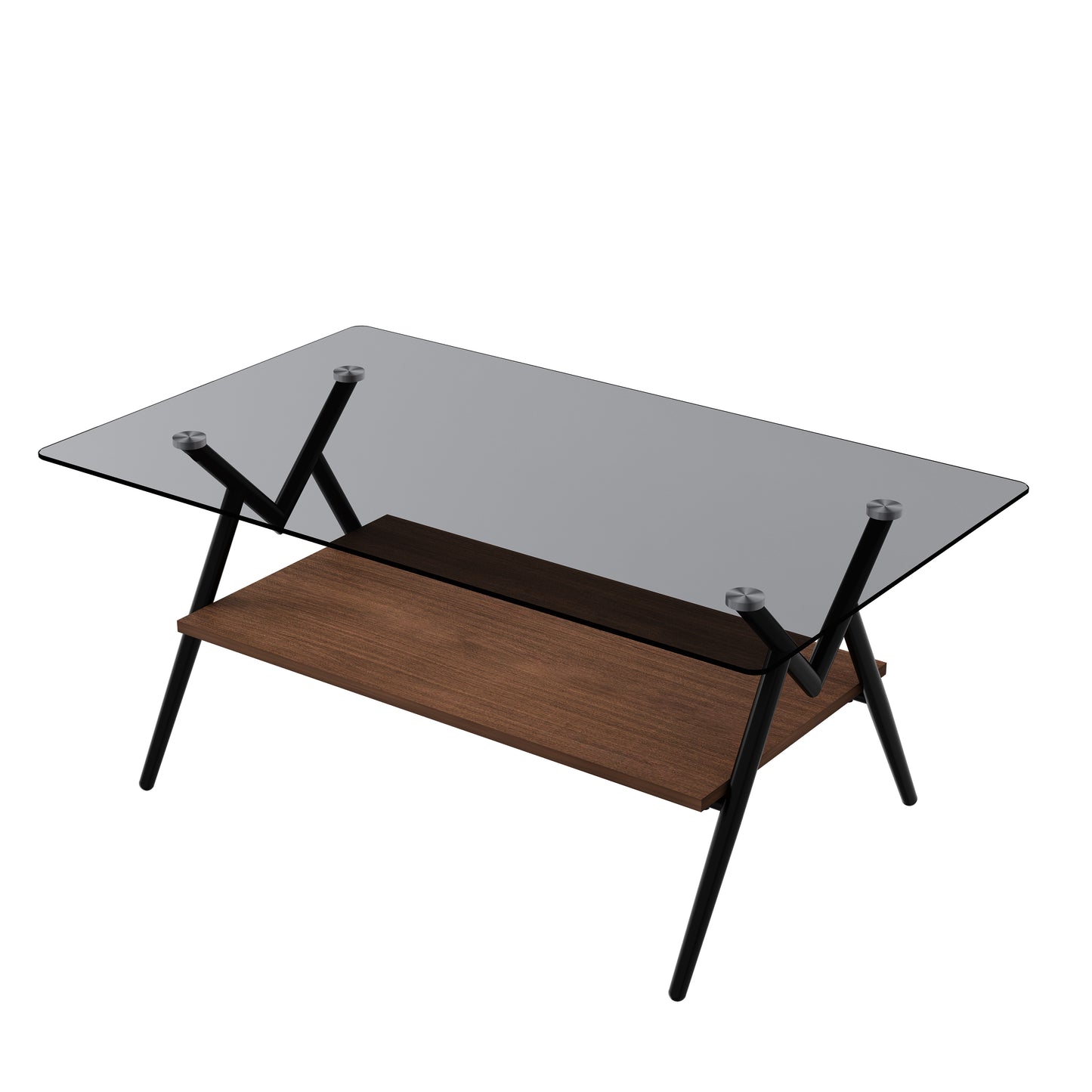 Rechteckiger Couchtisch mit Platte aus gehärtetem Glas und braunem MDF-Regal, moderner Tisch fürs Wohnzimmer, graues Glas
