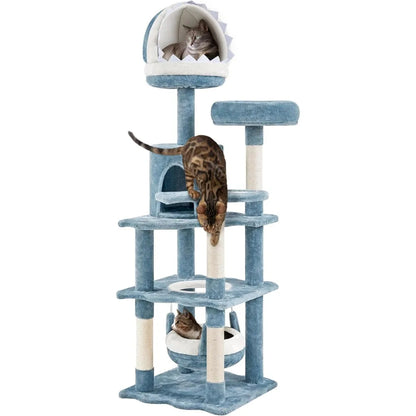 61in Tall Ocean-themed Cat Tree, Multi-Level Cat Tower with Shark's Mouth-shaped Nest, Fish-shaped Platform,