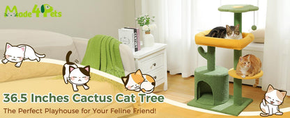 36.5 Inch Indoor Multi-layer Cactus Shape Cat Private Apartment Cat Tower With Cat Scratching Post And Plush Cat Bed