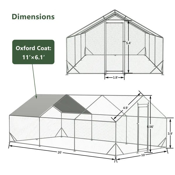 Large Metal Chicken Coop, Walk-in Chicken Run,Galvanized Wire Poultry Chicken Hen Pen Cage, Rabbits Duck Cages With Waterproof And Anti-Ultraviolet Cover For Outside 10 L X 20 W X 6.56 H