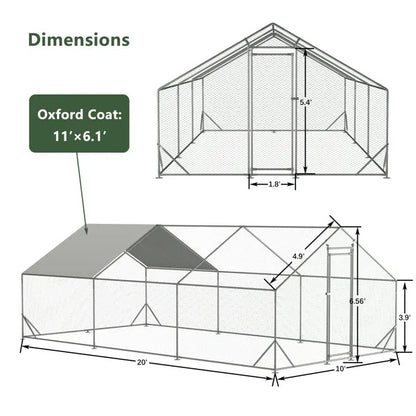 Large Metal Chicken Coop, Walk-in Chicken Run,Galvanized Wire Poultry Chicken Hen Pen Cage, Rabbits Duck Cages With Waterproof And Anti-Ultraviolet Cover For Outside 10 L X 20 W X 6.56 H