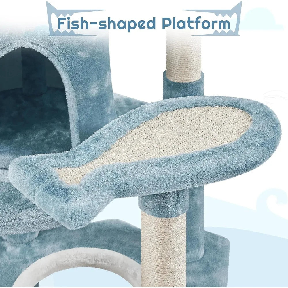 61in Tall Ocean-themed Cat Tree, Multi-Level Cat Tower with Shark's Mouth-shaped Nest, Fish-shaped Platform,