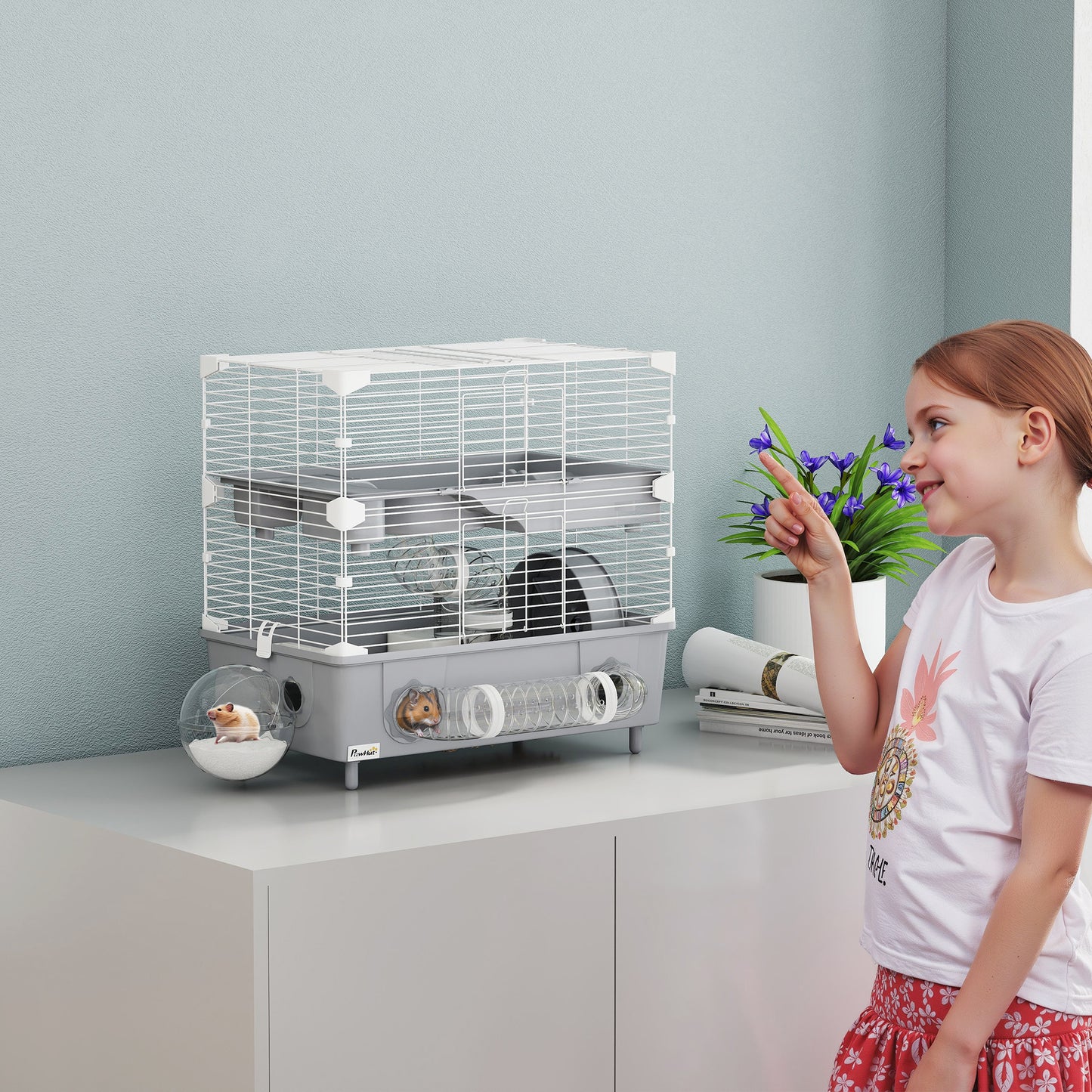 2-Tier Hamster Cage With Sand Bathroom, Running Wheel, Water Bottle, Tubes, Accessories, For Hamster, Gray