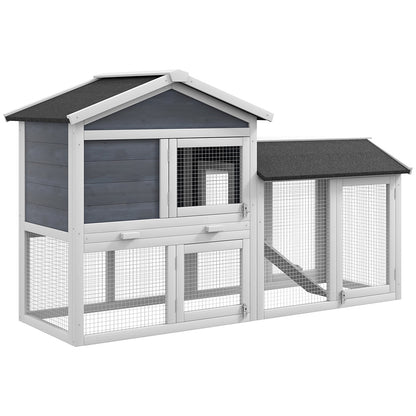 58inch Wooden Rabbit Hutch With Run, Removable Tray, Asphalt Roof, Lockable Doors And Ramp, Gray