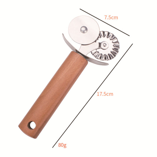 Stainless Steel Double Wheel Pizza Knife Roller Pizza Knife Baking Utensils Wooden Handle Double Wheel Round Roller Knife