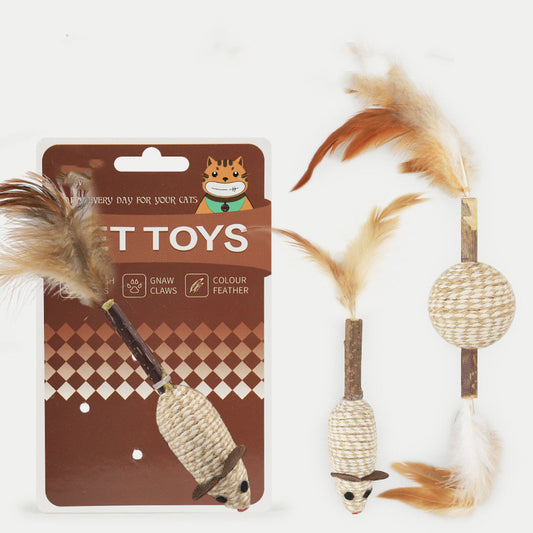 Pet Cat With Feather Polygonum Multiflorum Wearing Hemp Rope Nibbling Toy