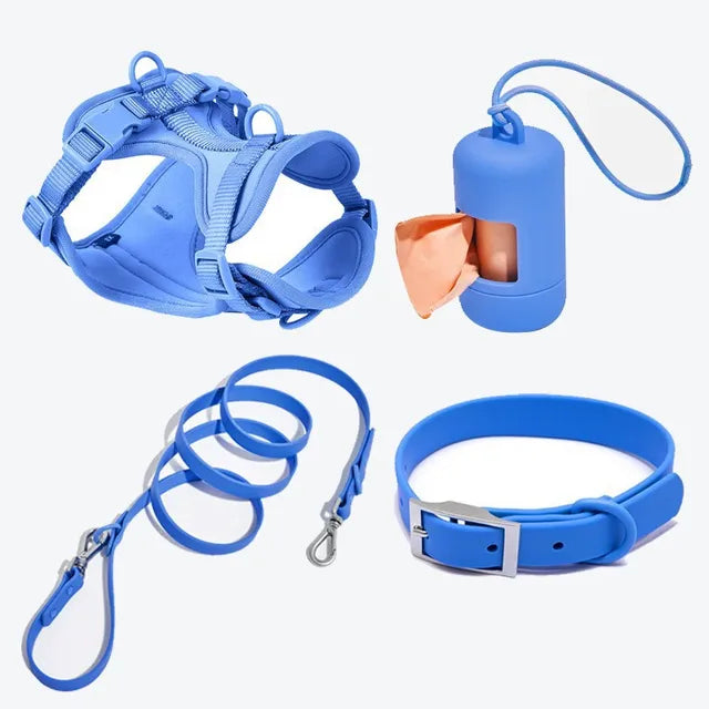 Luxury Waterproof PVC Neoprene Pet Poop Bag Dispenser Set, Dog Harness, Leash Collar Set for Dog, High Quality