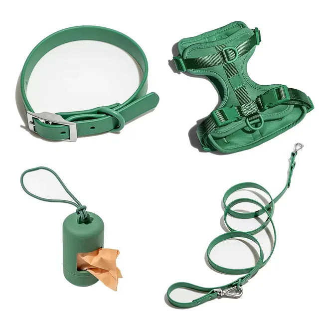 Luxury Waterproof PVC Neoprene Pet Poop Bag Dispenser Set, Dog Harness, Leash Collar Set for Dog, High Quality
