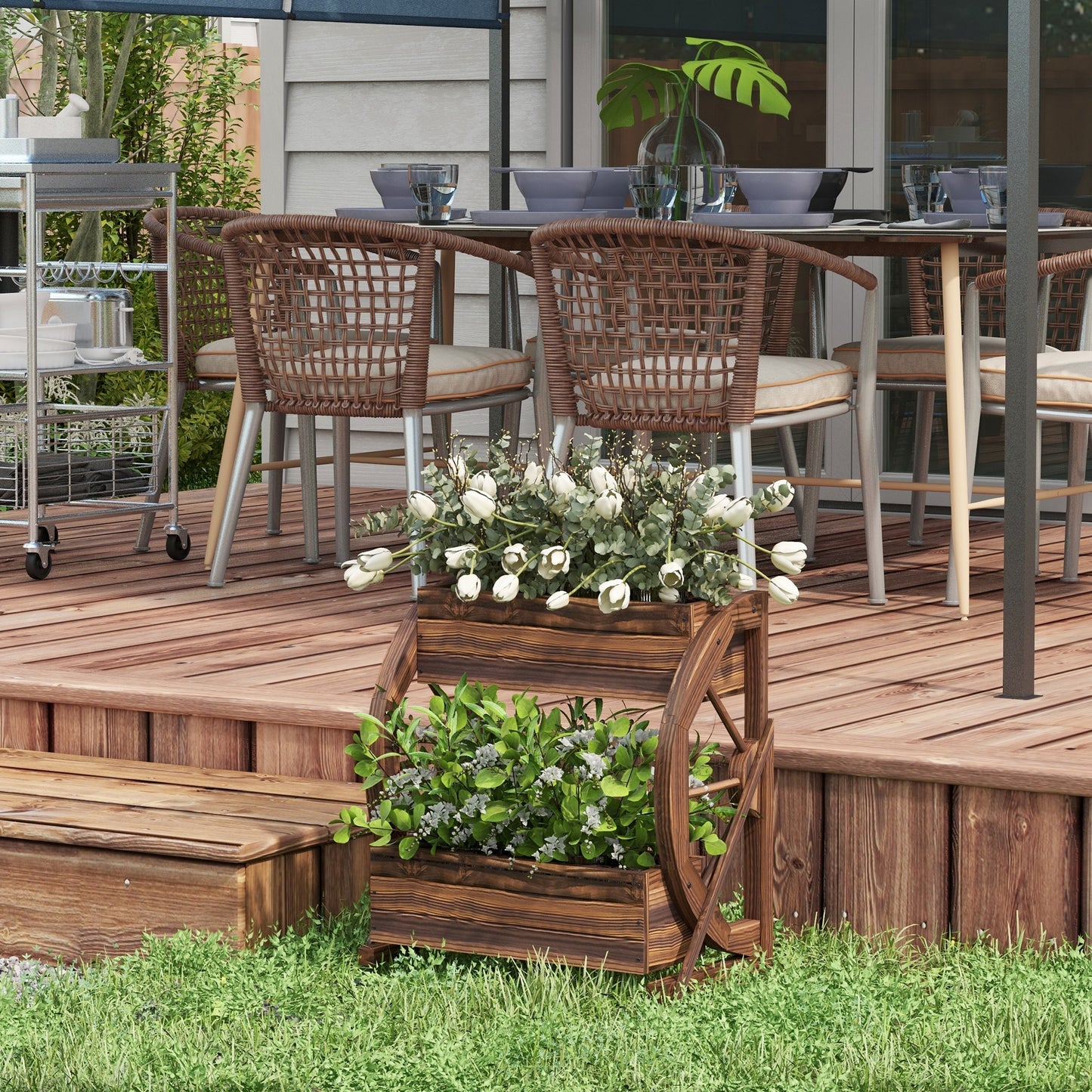 Wooden Wagon Planter Box, 2-Tier Raised Garden Bed, For Vegetables Flowers Herbs