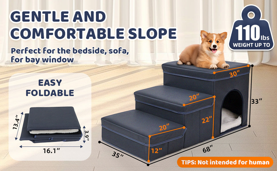 Foldable Dog Stairs With Storage - 3-Level Small To Medium Dog Breed Ramp, Oxford Fabric, Suitable For High Beds And Sofas, Pet Ladder, Dog Stairs
