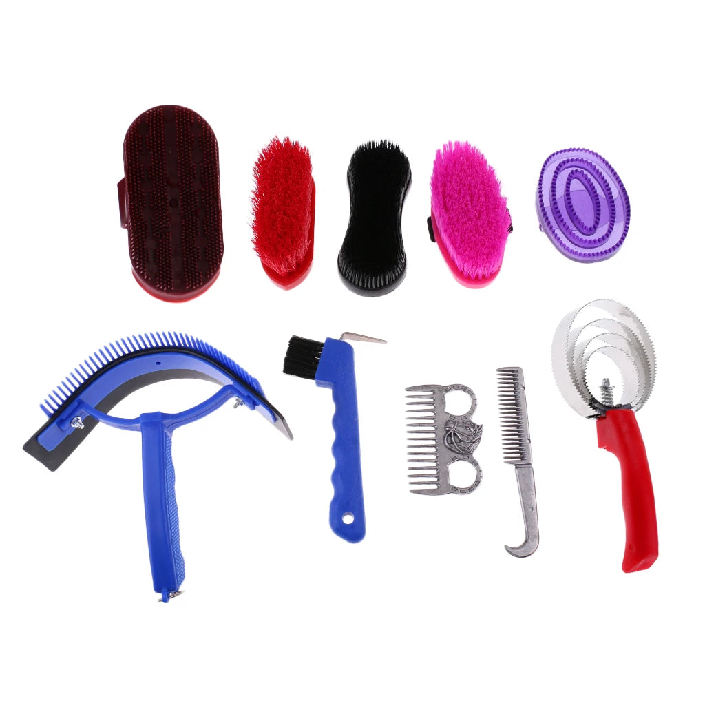 10 Pieces Riding Horse Grooming Kit Brush Comb Hoof Pick With Carry Bag