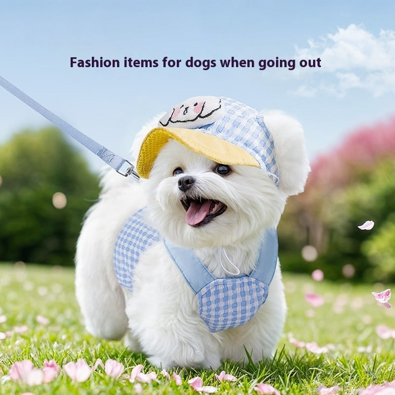 Pet Dog Cat Hat Outdoor Sunshade Anti-strangulation Hand Holding Rope Chest Strap