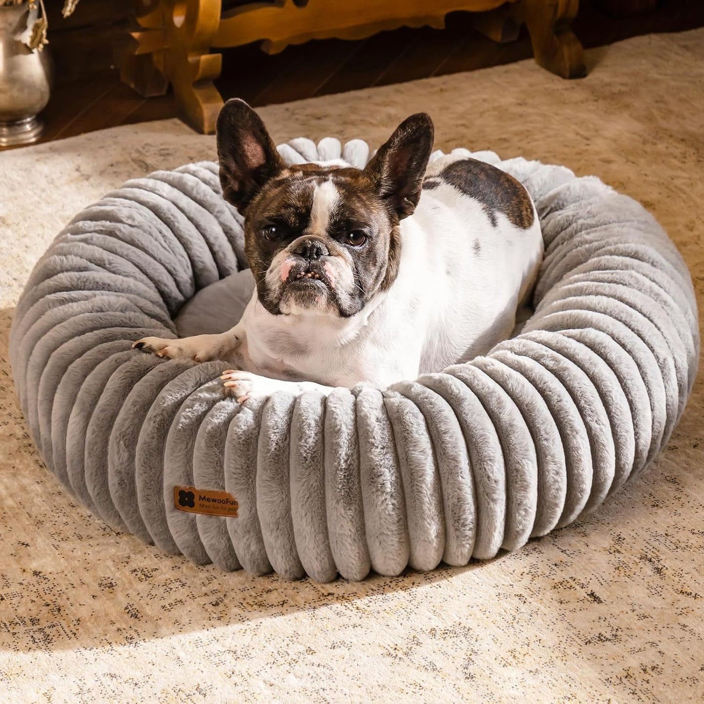 MEWOOFUN Donut Cat Bed - Washable Round Pet Bed For Indoor Cats & Kittens, Fluffy Non-Slip Calming Bed For Puppies, Grey