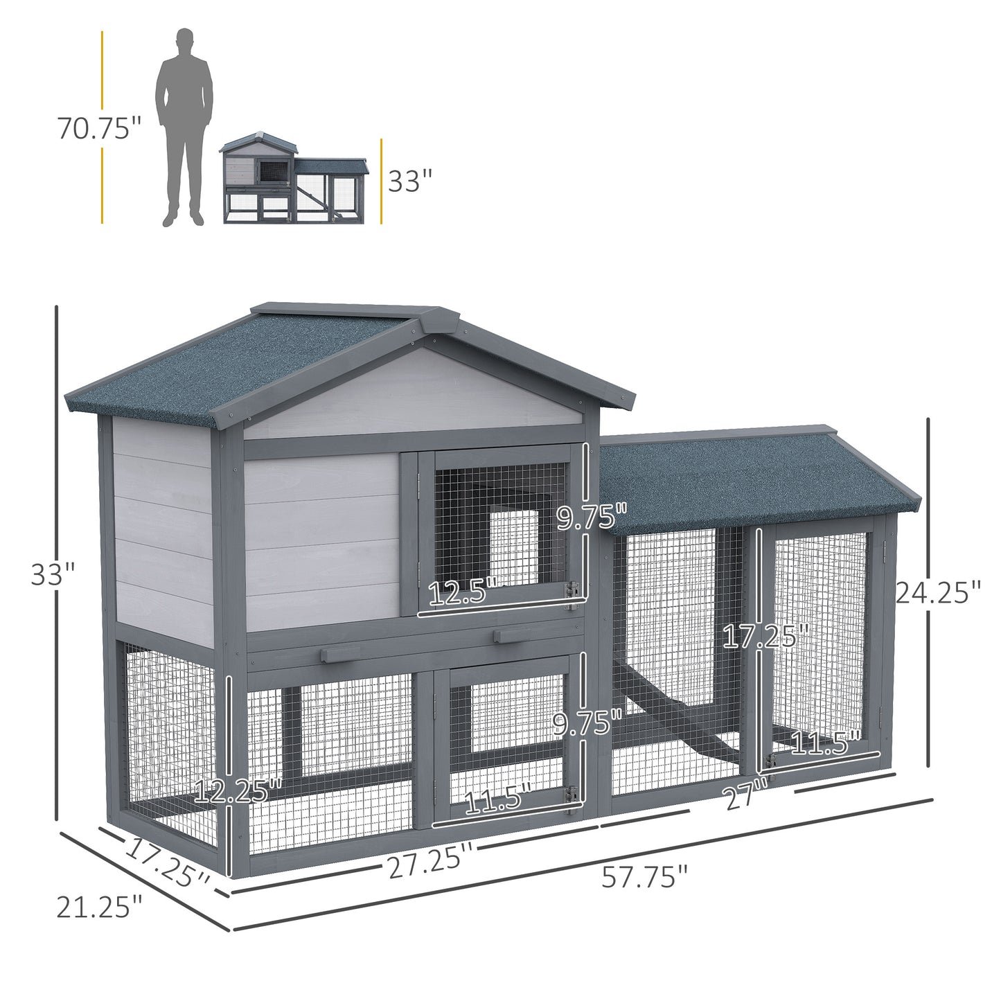 Outdoor Rabbit Hutch Wooden Bunny Cage Guinea Pig House With Run Area Removable Tray Asphalt Roof Lockable Doors Ramp Gray