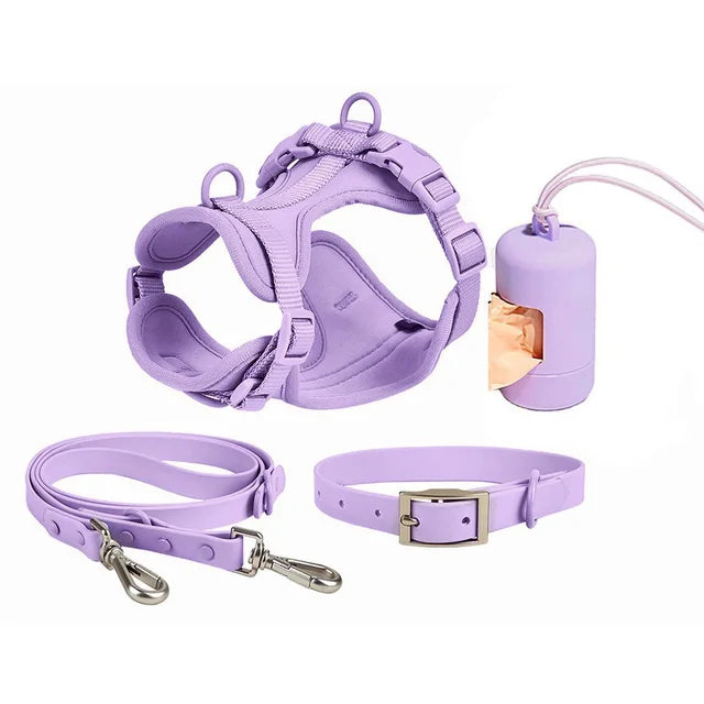 Luxury Waterproof PVC Neoprene Pet Poop Bag Dispenser Set, Dog Harness, Leash Collar Set for Dog, High Quality