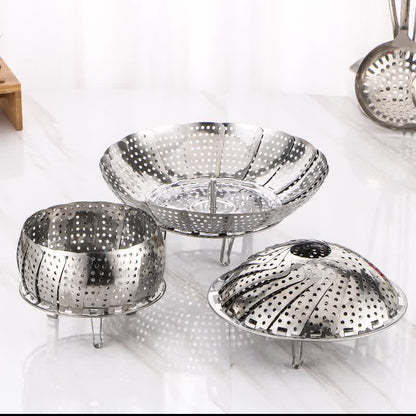 Stainless Steel Telescopic Steamer Household Folding Draining Tray Steaming Rack Water-Proof Steaming Drawer Buns Egg Steaming Tray