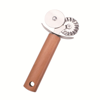 Stainless Steel Double Wheel Pizza Knife Roller Pizza Knife Baking Utensils Wooden Handle Double Wheel Round Roller Knife