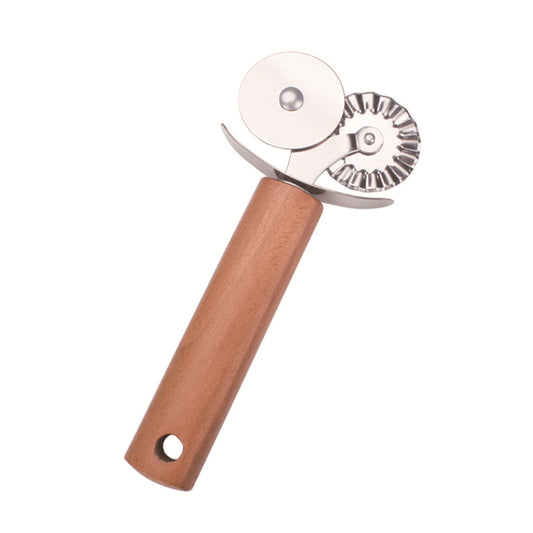 Stainless Steel Double Wheel Pizza Knife Roller Pizza Knife Baking Utensils Wooden Handle Double Wheel Round Roller Knife