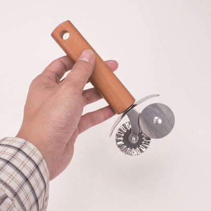 Stainless Steel Double Wheel Pizza Knife Roller Pizza Knife Baking Utensils Wooden Handle Double Wheel Round Roller Knife