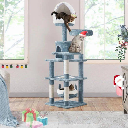 61in Tall Ocean-themed Cat Tree, Multi-Level Cat Tower with Shark's Mouth-shaped Nest, Fish-shaped Platform,