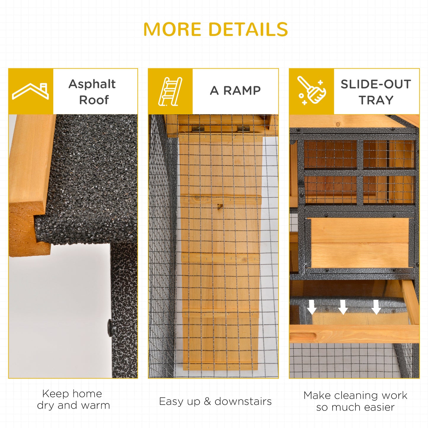 2-Level Rabbit Hutch Bunny Cage, Elevated Pet House With Weatherproof Hinged Asphalt Roof, Removable Tray & Ramp For Outdoor, Natural