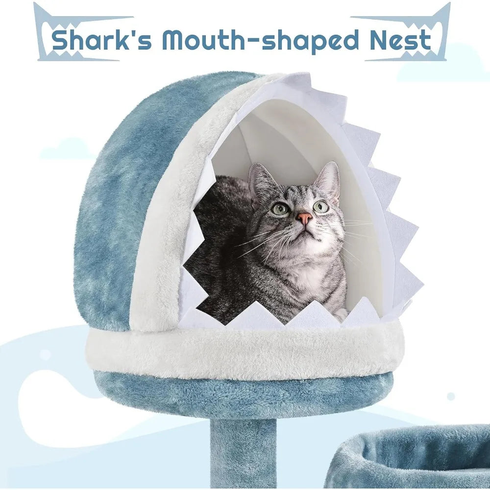 61in Tall Ocean-themed Cat Tree, Multi-Level Cat Tower with Shark's Mouth-shaped Nest, Fish-shaped Platform,