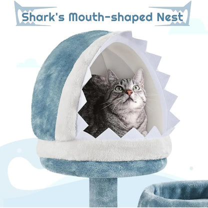 61in Tall Ocean-themed Cat Tree, Multi-Level Cat Tower with Shark's Mouth-shaped Nest, Fish-shaped Platform,