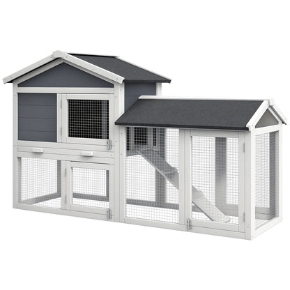 58inch Wooden Rabbit Hutch With Run, Removable Tray, Asphalt Roof, Lockable Doors And Ramp, Gray