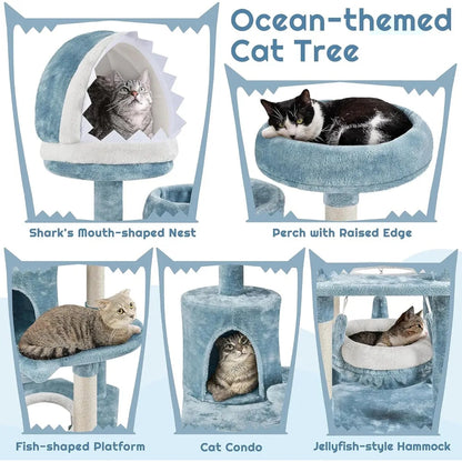 61in Tall Ocean-themed Cat Tree, Multi-Level Cat Tower with Shark's Mouth-shaped Nest, Fish-shaped Platform,